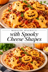 A bowl of spaghetti with red sauce, topped with melted mozzarella cheese cut into ghosts and spooky shapes.