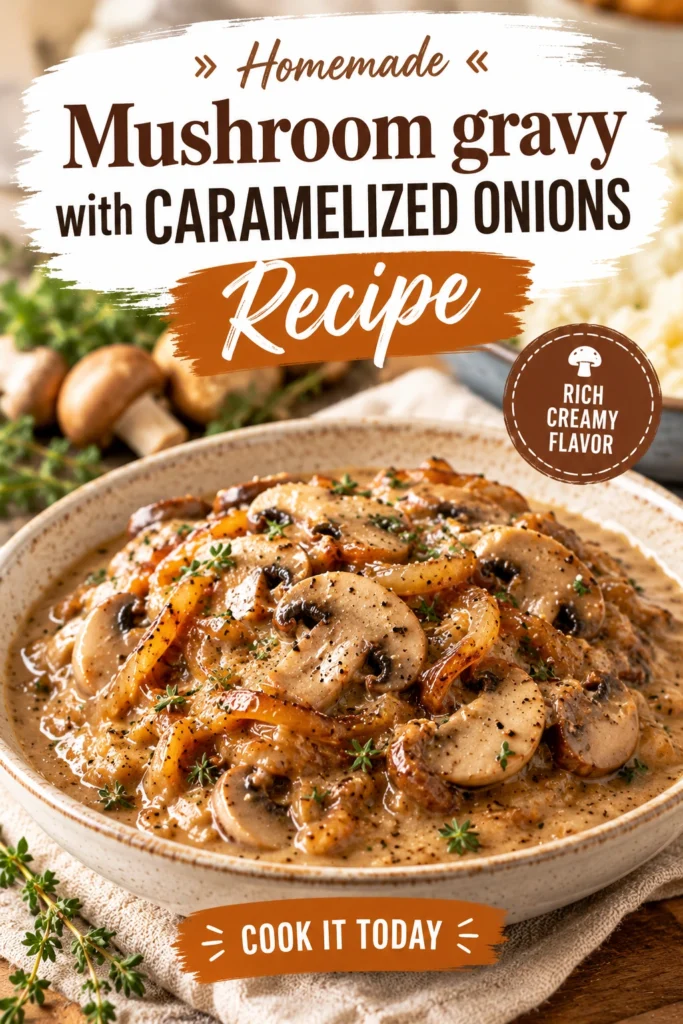 A white bowl filled with rich brown mushroom gravy and golden caramelized onions, garnished with fresh chopped parsley.