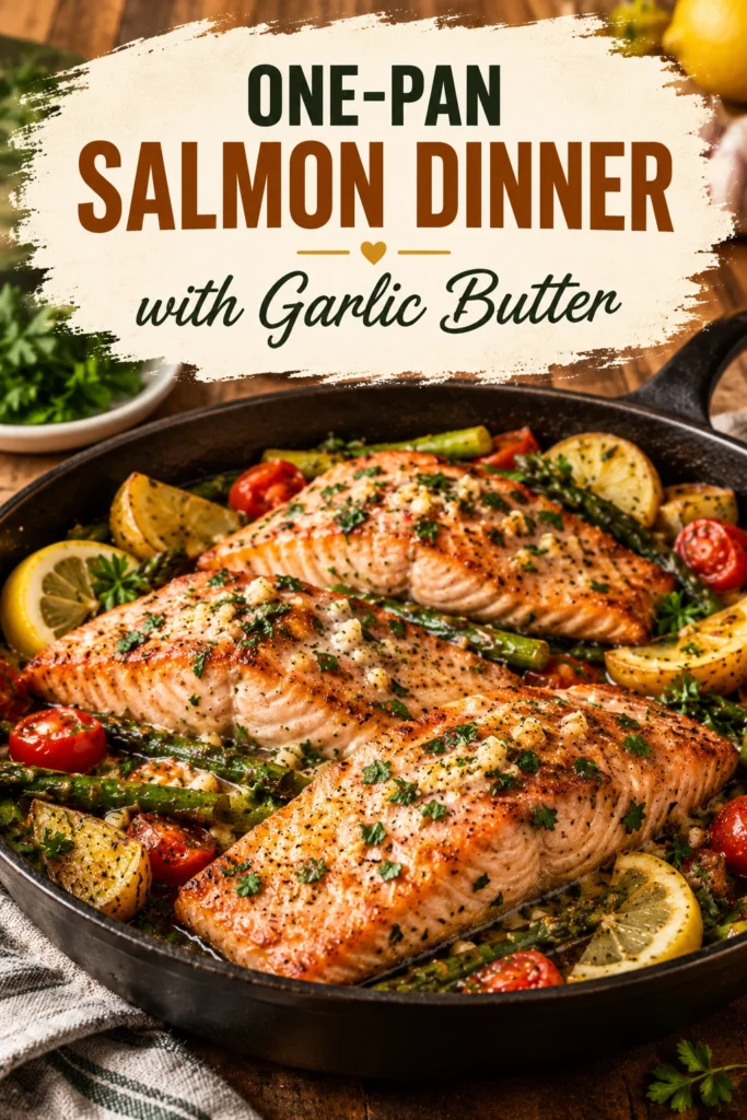 Seared salmon fillets with melted garlic butter, roasted asparagus, and baby potatoes in a single baking sheet pan.