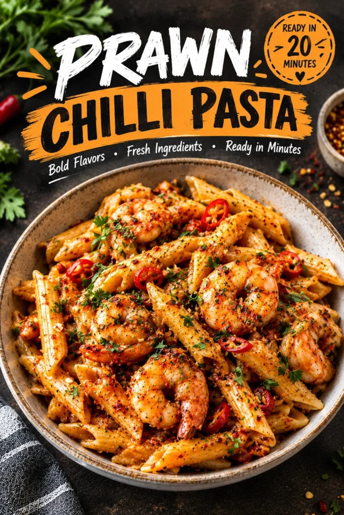 Platter of spaghetti with sautéed prawns, sliced red chillies, minced garlic, and fresh parsley, garnished with lemon wedges.