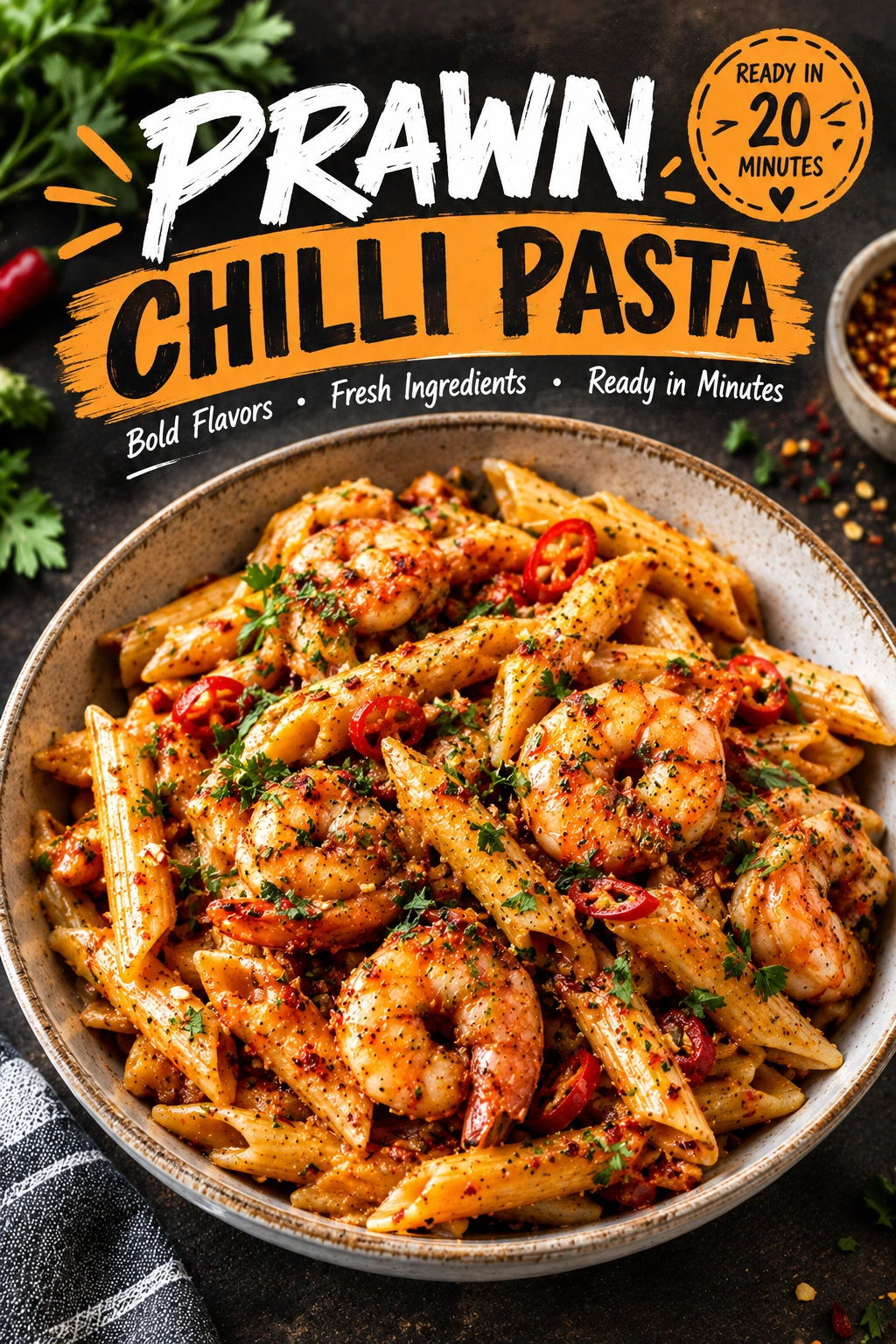 Platter of spaghetti with sautéed prawns, sliced red chillies, minced garlic, and fresh parsley, garnished with lemon wedges.