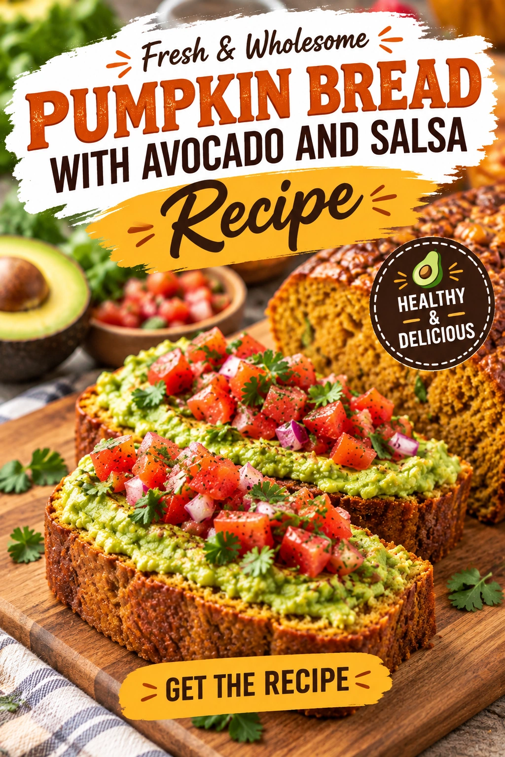 Slices of savory pumpkin bread topped with smashed avocado and fresh salsa, served on a plate with fresh cilantro.