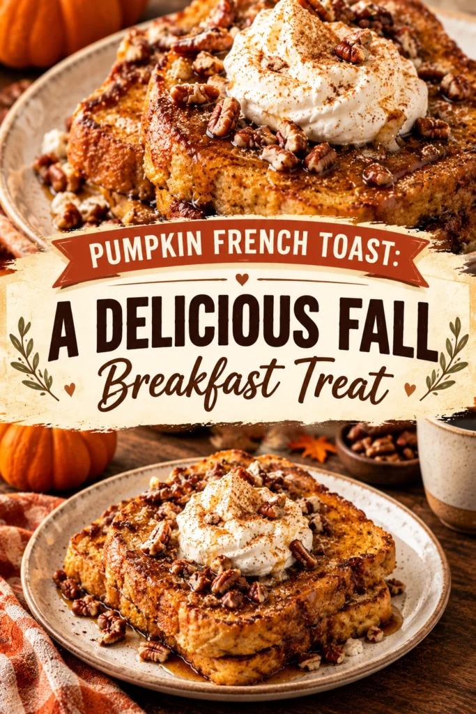 Three slices of golden brown pumpkin French toast stacked with a pat of melting butter and maple syrup drizzle.