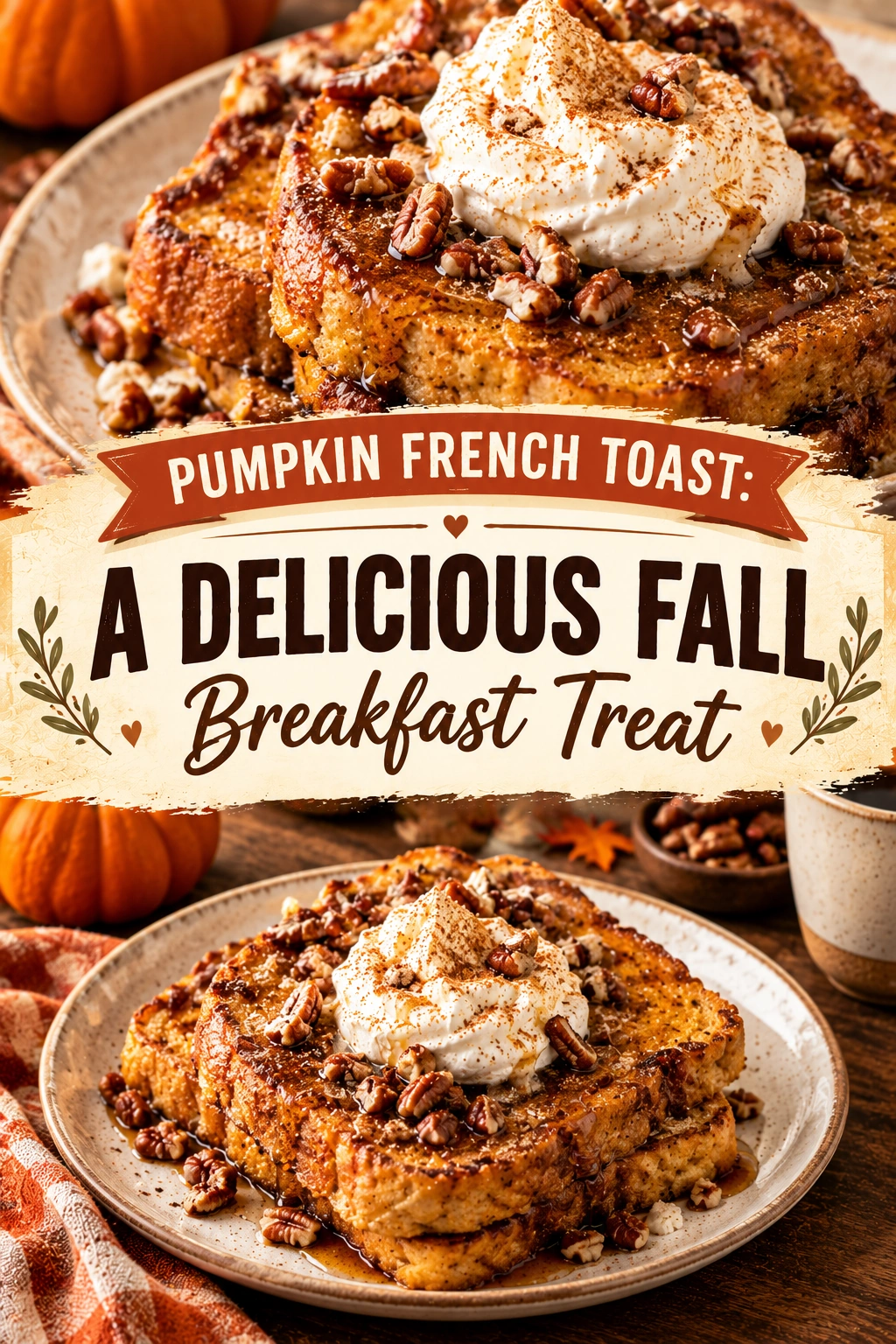Three slices of golden brown pumpkin French toast stacked with a pat of melting butter and maple syrup drizzle.