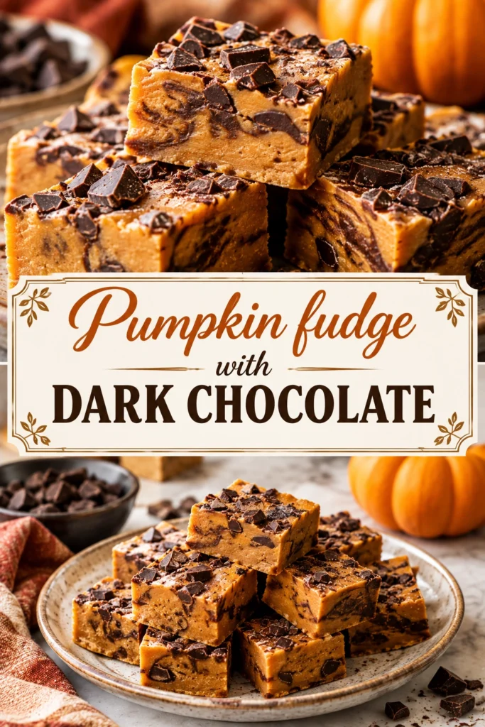 Squares of rich pumpkin fudge topped with a layer of dark chocolate, stacked on a rustic wooden board.