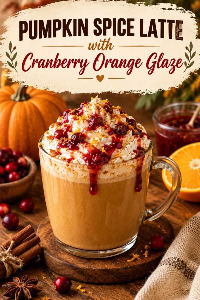 A pumpkin spice latte in a glass mug topped with whipped cream and a drizzled cranberry orange glaze.