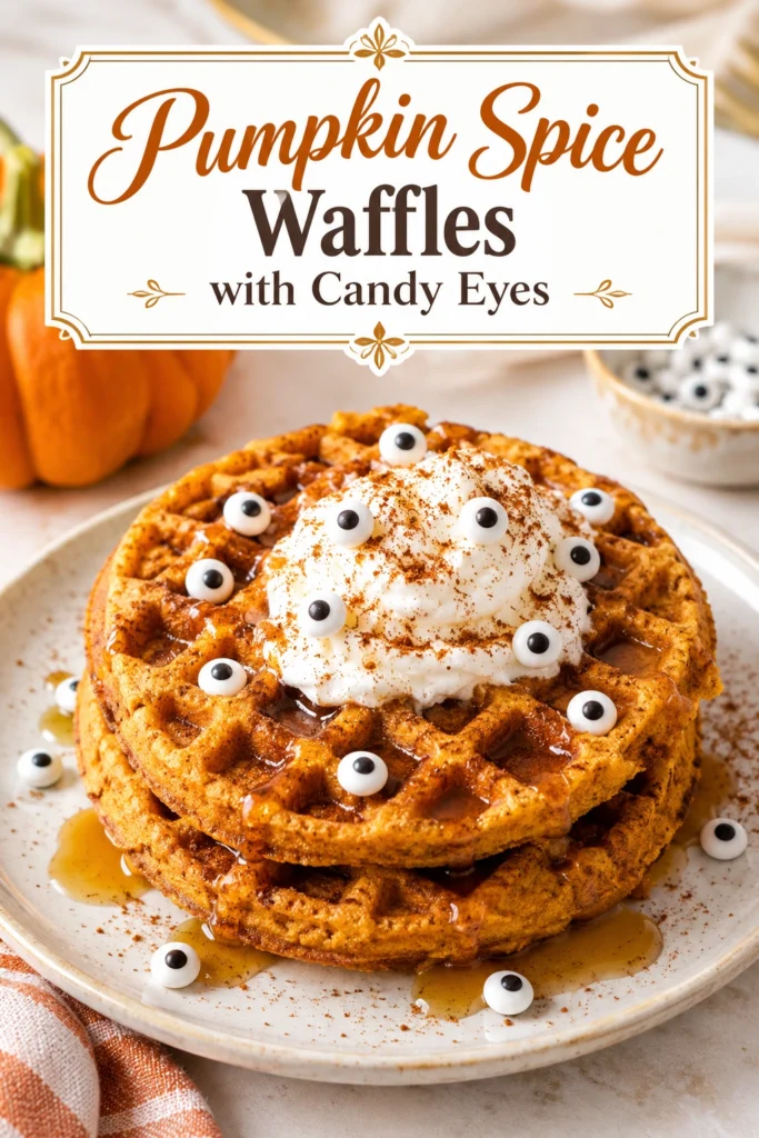 A stack of golden brown pumpkin spice waffles topped with whipped cream, cinnamon, and small candy eyes for faces.