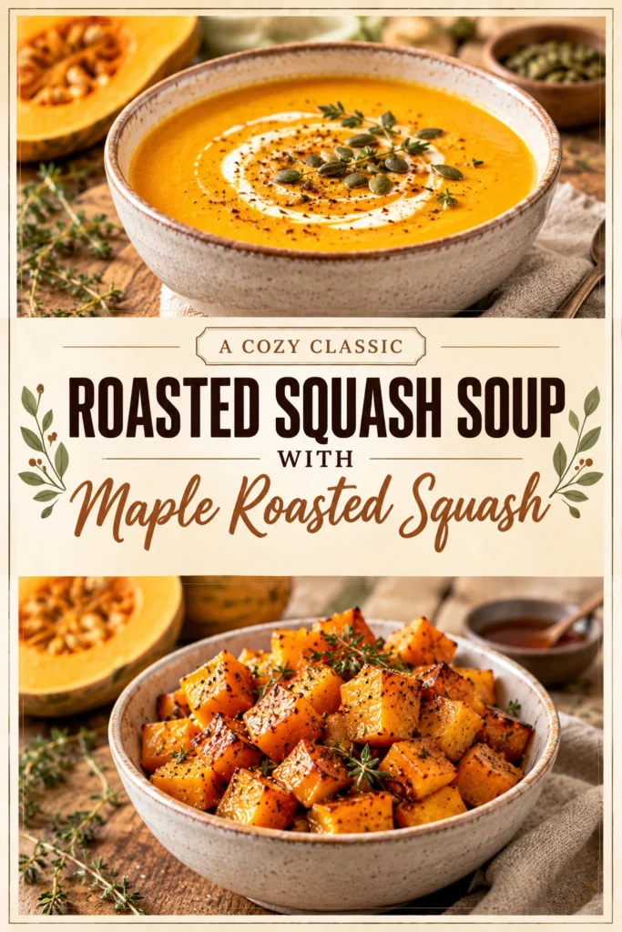 A bowl of creamy roasted squash soup topped with maple roasted squash cubes, a swirl of cream, and herbs.
