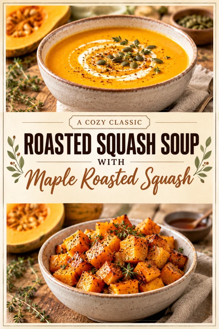 A bowl of creamy roasted squash soup topped with maple roasted squash cubes, a swirl of cream, and herbs.