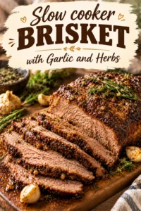 Tender slices of slow cooker brisket topped with fresh herbs and garlic, served in a shallow dish with gravy.