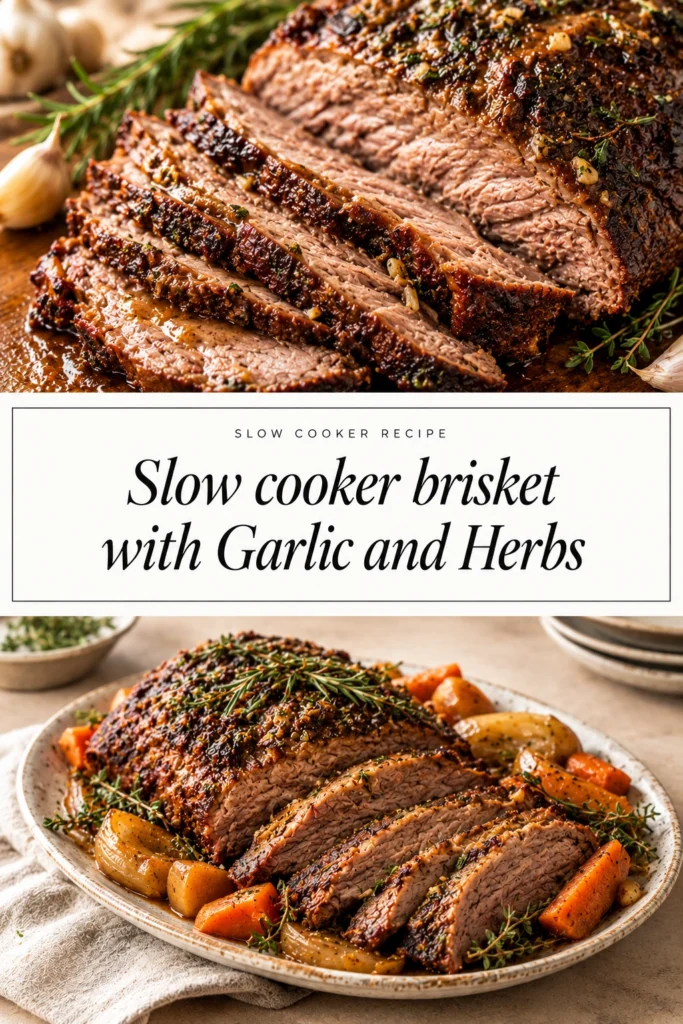 Slices of tender slow cooker brisket topped with fresh herbs and garlic, served on a platter with savory gravy.