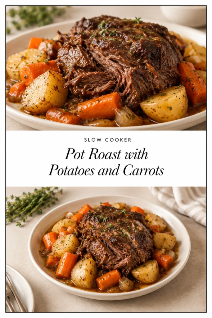 Tender slow cooker pot roast surrounded by carrots and potatoes in a rich brown gravy, served in a rustic pot.