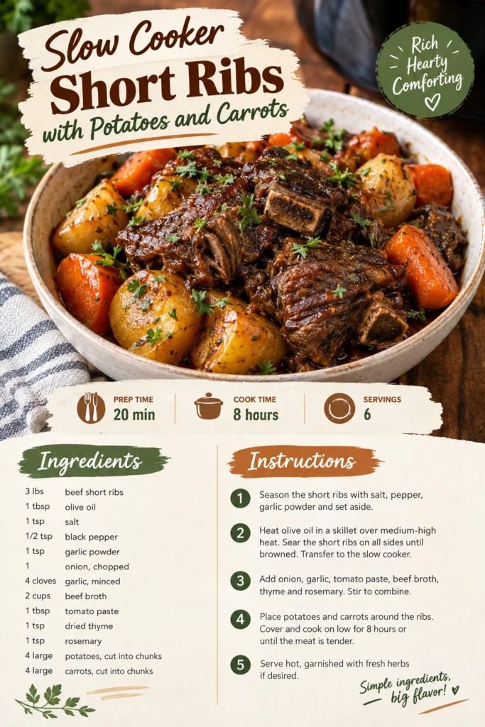 Tender slow cooker short ribs served with carrots and potatoes in a rich brown gravy in a rustic bowl.