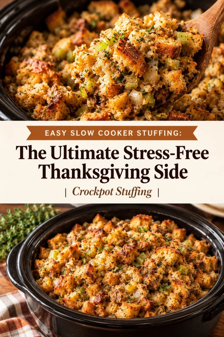 A slow cooker filled with golden-brown herb stuffing, garnished with fresh parsley, served in a ceramic crockpot.