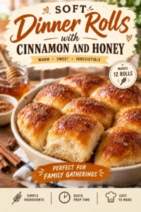 Golden brown soft dinner rolls glazed with honey and cinnamon, arranged closely together in a baking pan.