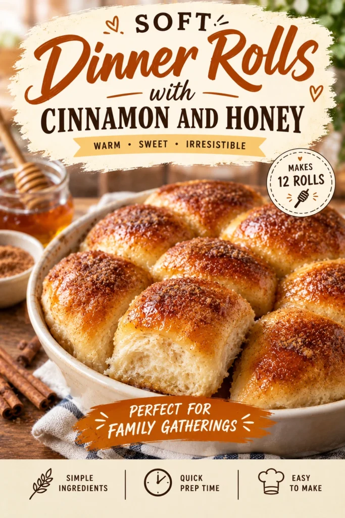 Golden brown soft dinner rolls glazed with honey and cinnamon, arranged closely together in a baking pan.