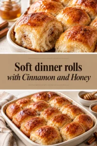 Golden brown dinner rolls glazed with honey and cinnamon, piled in a basket with a dusting of cinnamon sugar.