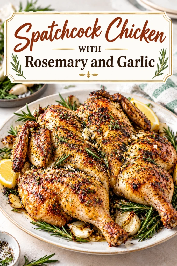 Golden brown spatchcocked chicken roasted with fresh rosemary sprigs and whole garlic cloves on a baking sheet.