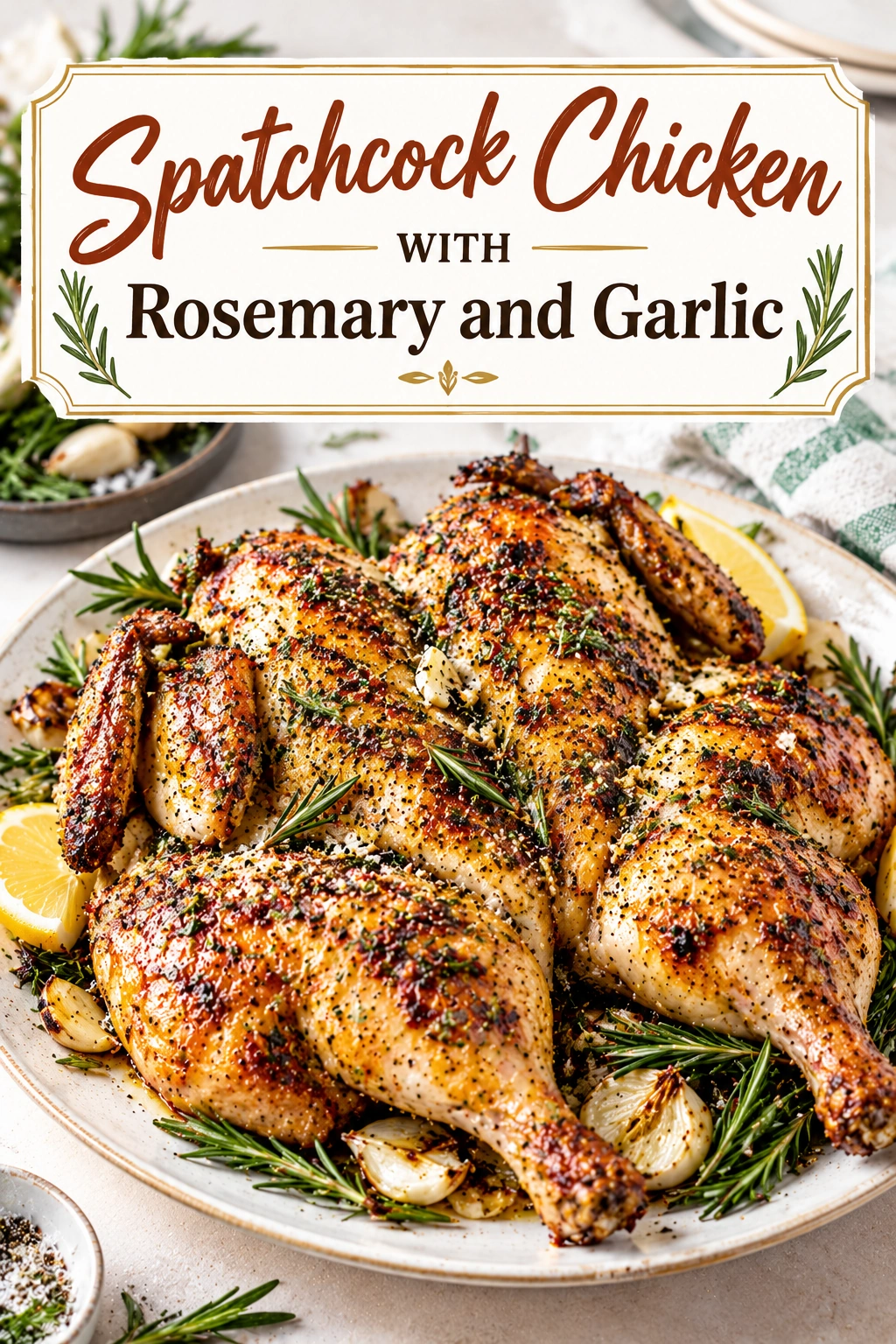 Golden brown spatchcocked chicken roasted with fresh rosemary sprigs and whole garlic cloves on a baking sheet.