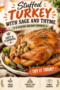 Golden brown roasted whole turkey on a platter, garnished with fresh sage and thyme sprigs and surrounded by roasted vegetables.
