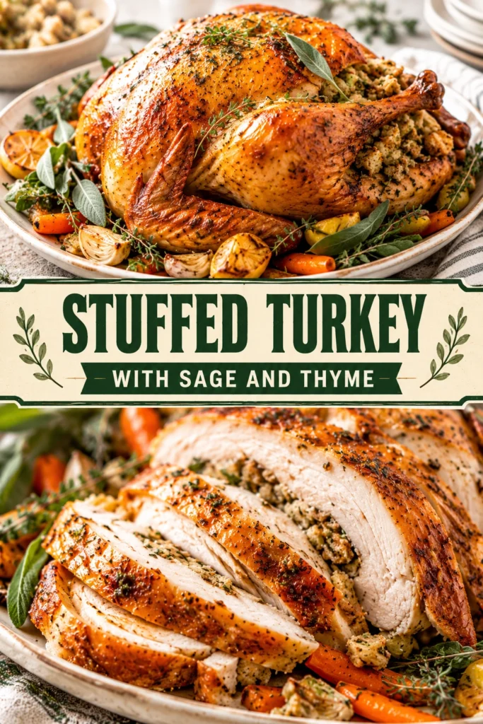 Roasted whole turkey on a platter, garnished with fresh sage and thyme sprigs, served with roasted root vegetables.