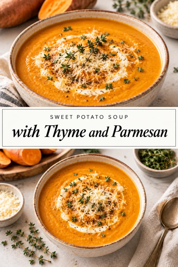 A bowl of creamy orange sweet potato soup topped with a swirl of cream, fresh thyme, and grated parmesan.