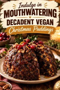 Three individual vegan Christmas puddings topped with white vegan cream and a sprig of fresh mint on a platter.