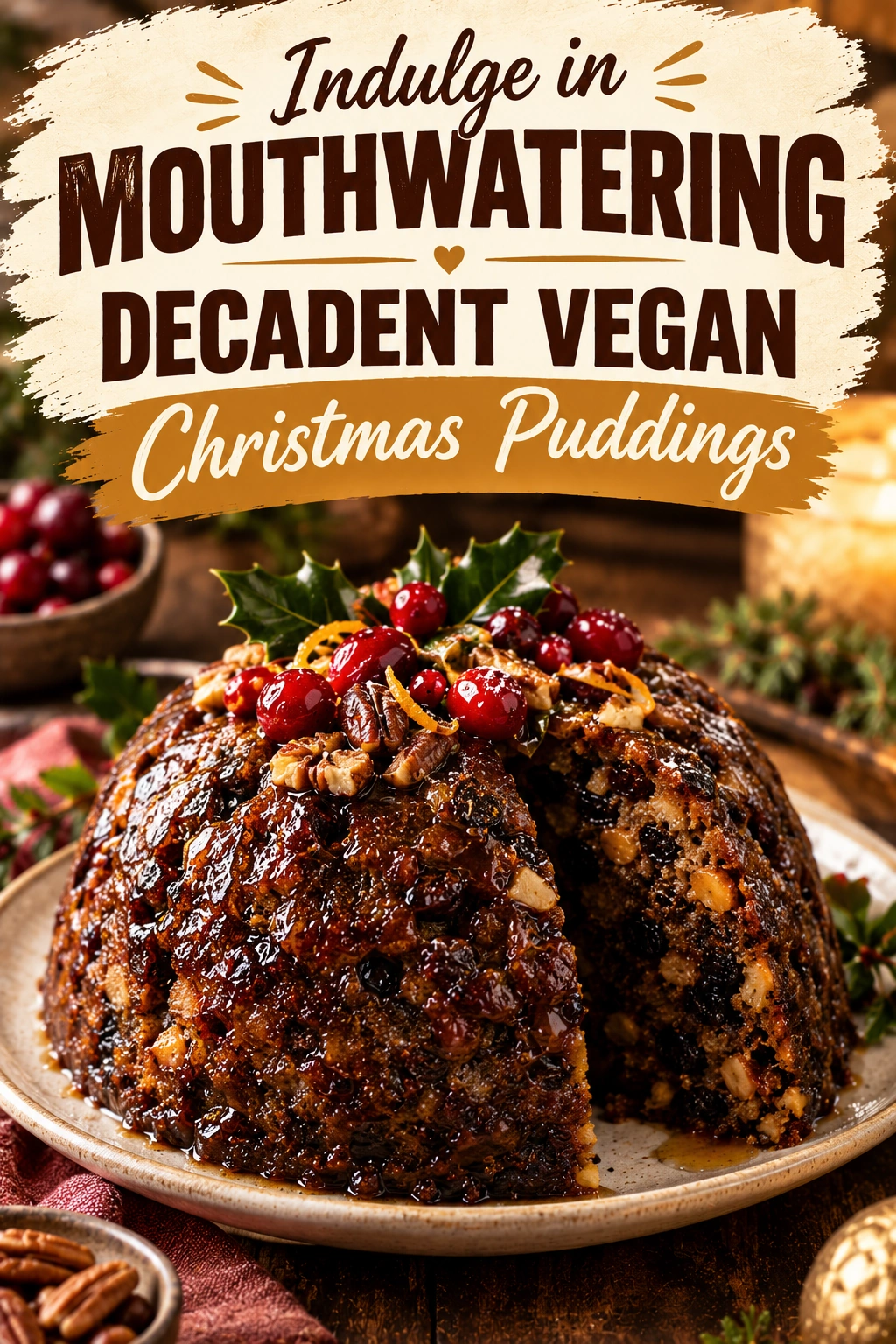 Three individual vegan Christmas puddings topped with white vegan cream and a sprig of fresh mint on a platter.
