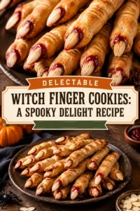 Long, pale cookies shaped like fingers with sliced almond nails and red jam accents to look like knuckles.